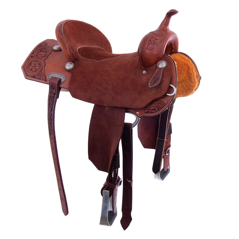 1/2 Chestnut SO/RO Barrel Saddle- Notched- 1/2 D Daisy FC- Cheyenne- Black Suede Inlay