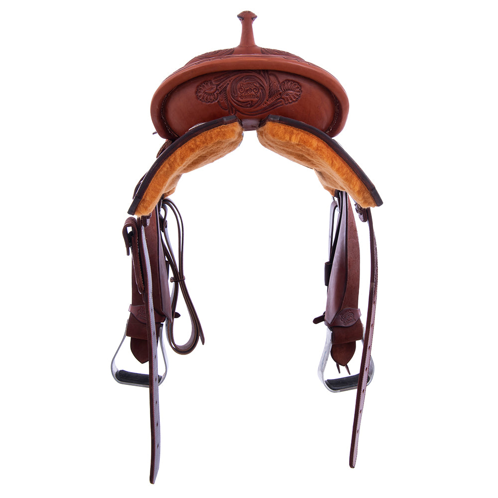 1/2 Chestnut SO/RO Barrel Saddle- Notched- 1/2 D Daisy FC- Cheyenne- Black Suede Inlay
