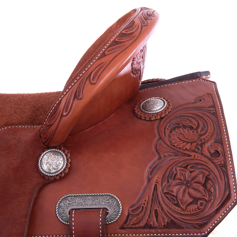1/2 Chestnut SO/RO Barrel Saddle- Notched- 1/2 D Daisy FC- Cheyenne- Black Suede Inlay