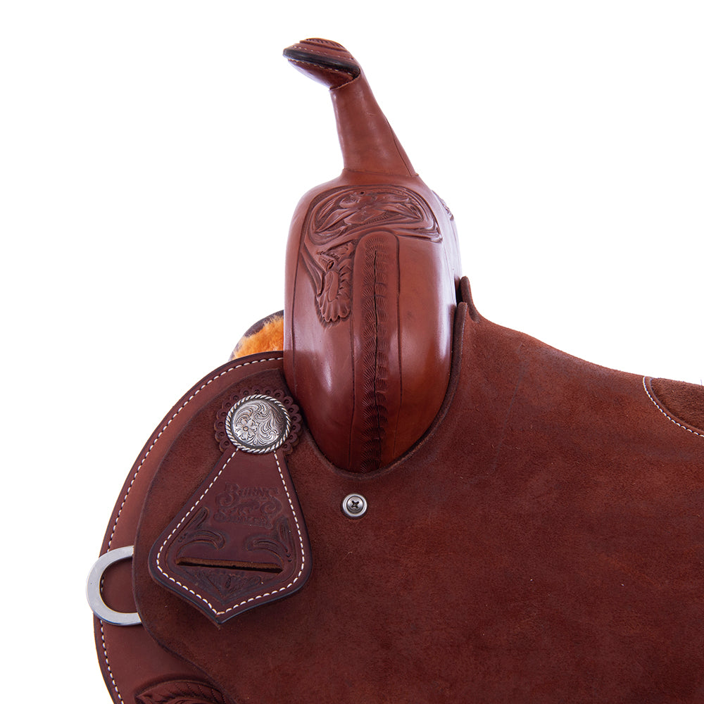 1/2 Chestnut SO/RO Barrel Saddle- Notched- 1/2 D Daisy FC- Cheyenne- Black Suede Inlay