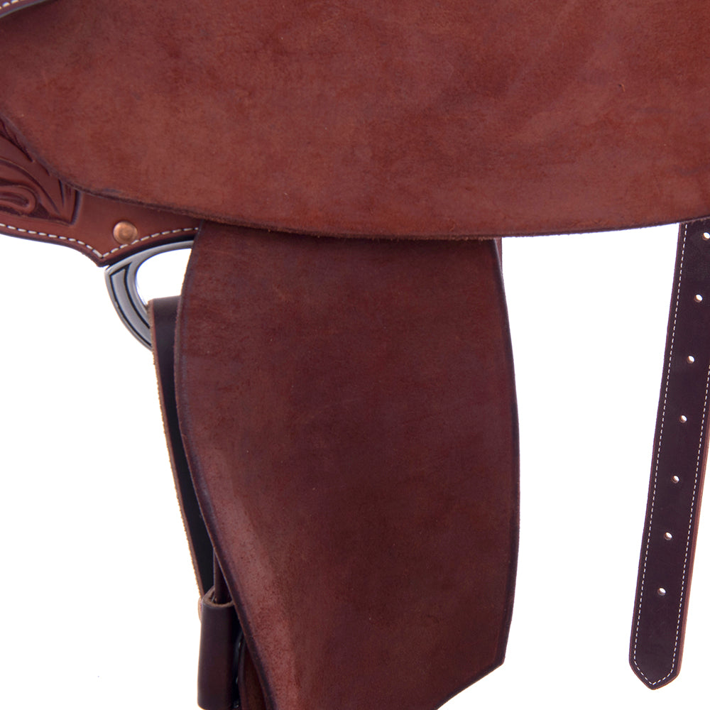 1/2 Chestnut SO/RO Barrel Saddle- Notched- 1/2 D Daisy FC- Cheyenne- Black Suede Inlay