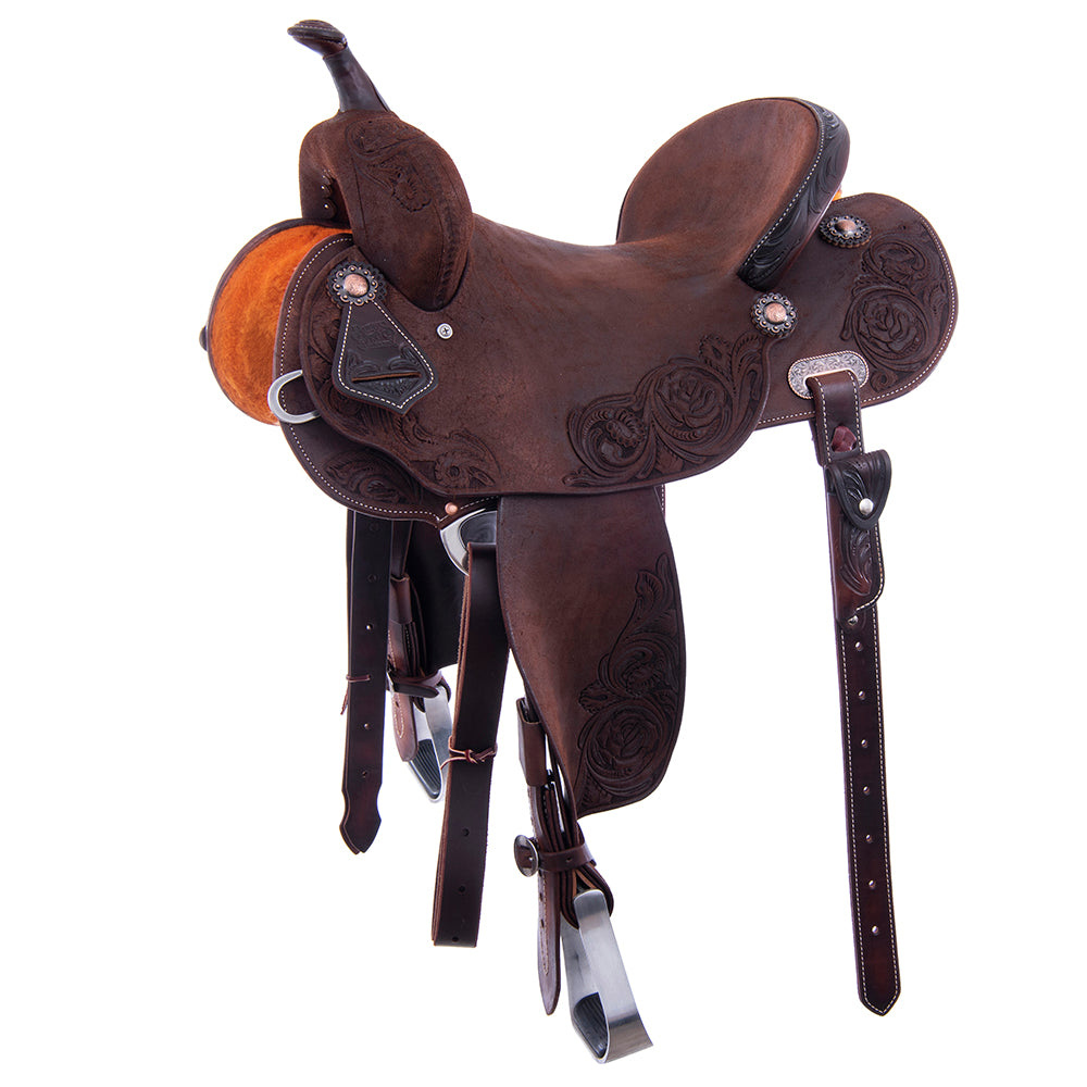 Chocolate Roughout Barrel Saddle- Round Skirts, Rose Floral Corners, Cheyenne, Hard Seat