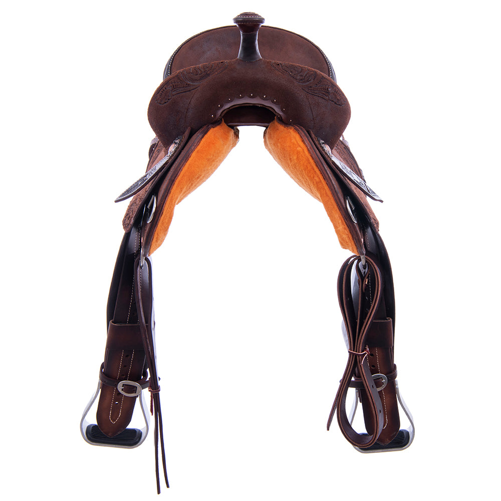 Chocolate Roughout Barrel Saddle- Round Skirts, Rose Floral Corners, Cheyenne, Hard Seat
