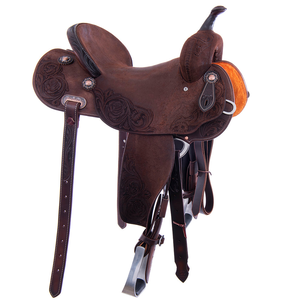 Chocolate Roughout Barrel Saddle- Round Skirts, Rose Floral Corners, Cheyenne, Hard Seat