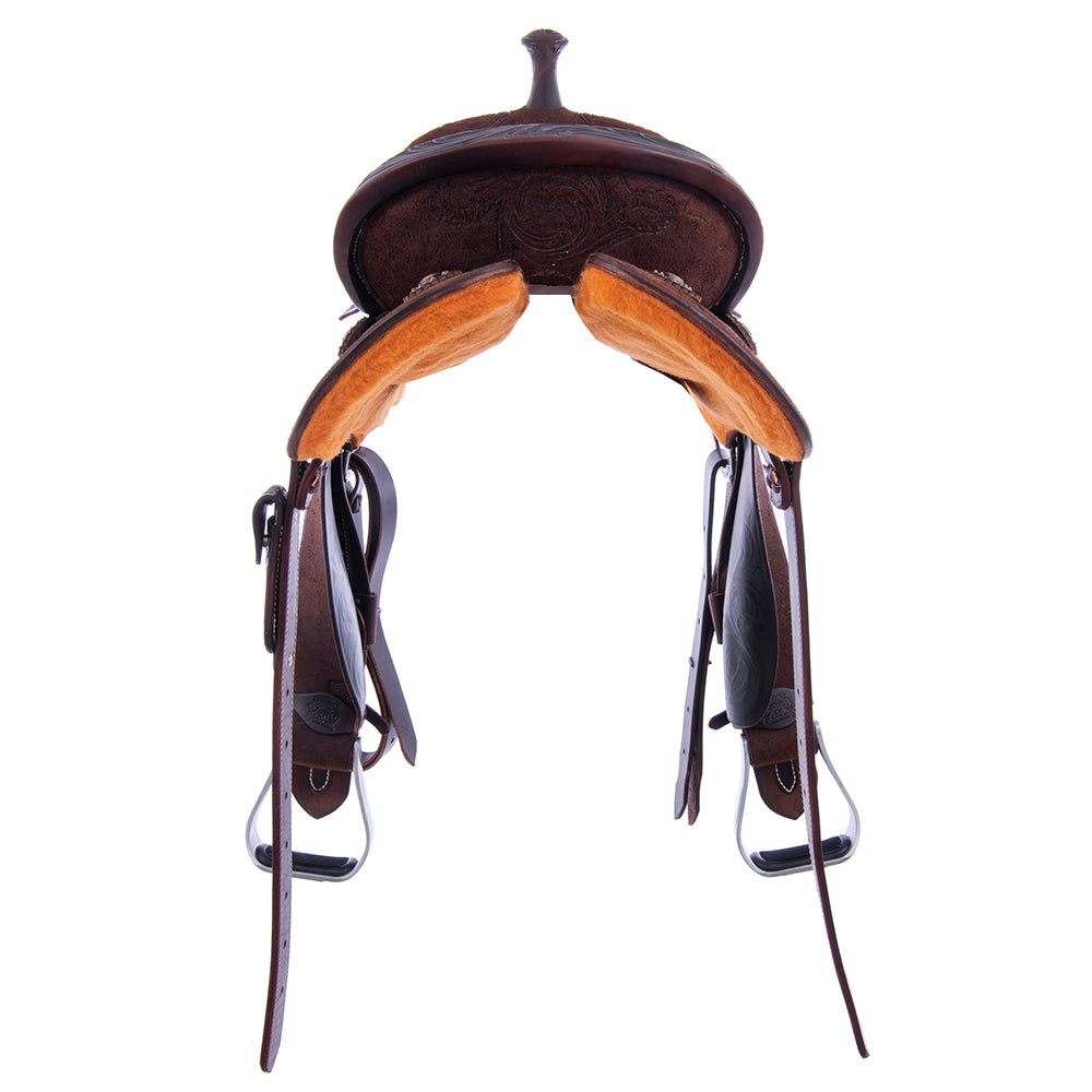 Chocolate Roughout Barrel Saddle- Round Skirts, Rose Floral Corners, Cheyenne, Hard Seat