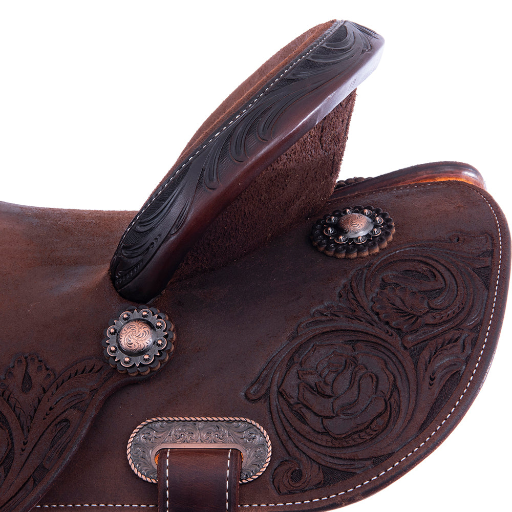 Chocolate Roughout Barrel Saddle- Round Skirts, Rose Floral Corners, Cheyenne, Hard Seat
