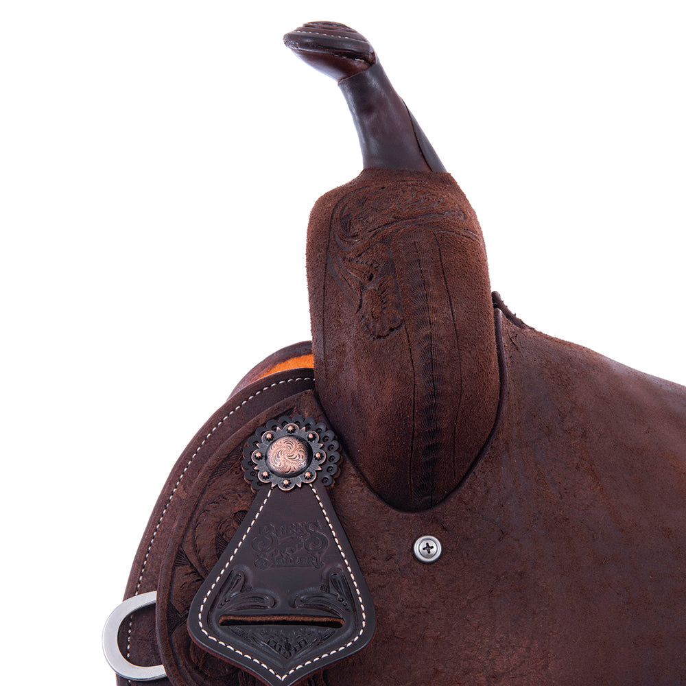 Chocolate Roughout Barrel Saddle- Round Skirts, Rose Floral Corners, Cheyenne, Hard Seat