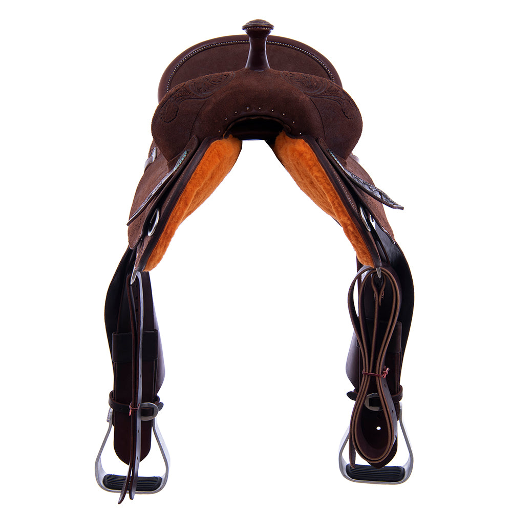 Barrel Saddle - Chocolate Leather, Roughout, Round Skirt, 1/2 Sunny D Tooling, Pencil Roll Cantle