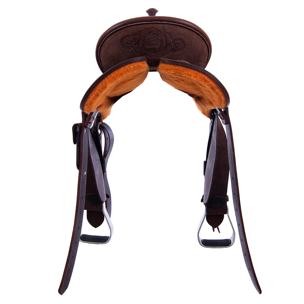 Barrel Saddle - Chocolate Leather, Roughout, Round Skirt, 1/2 Sunny D Tooling, Pencil Roll Cantle
