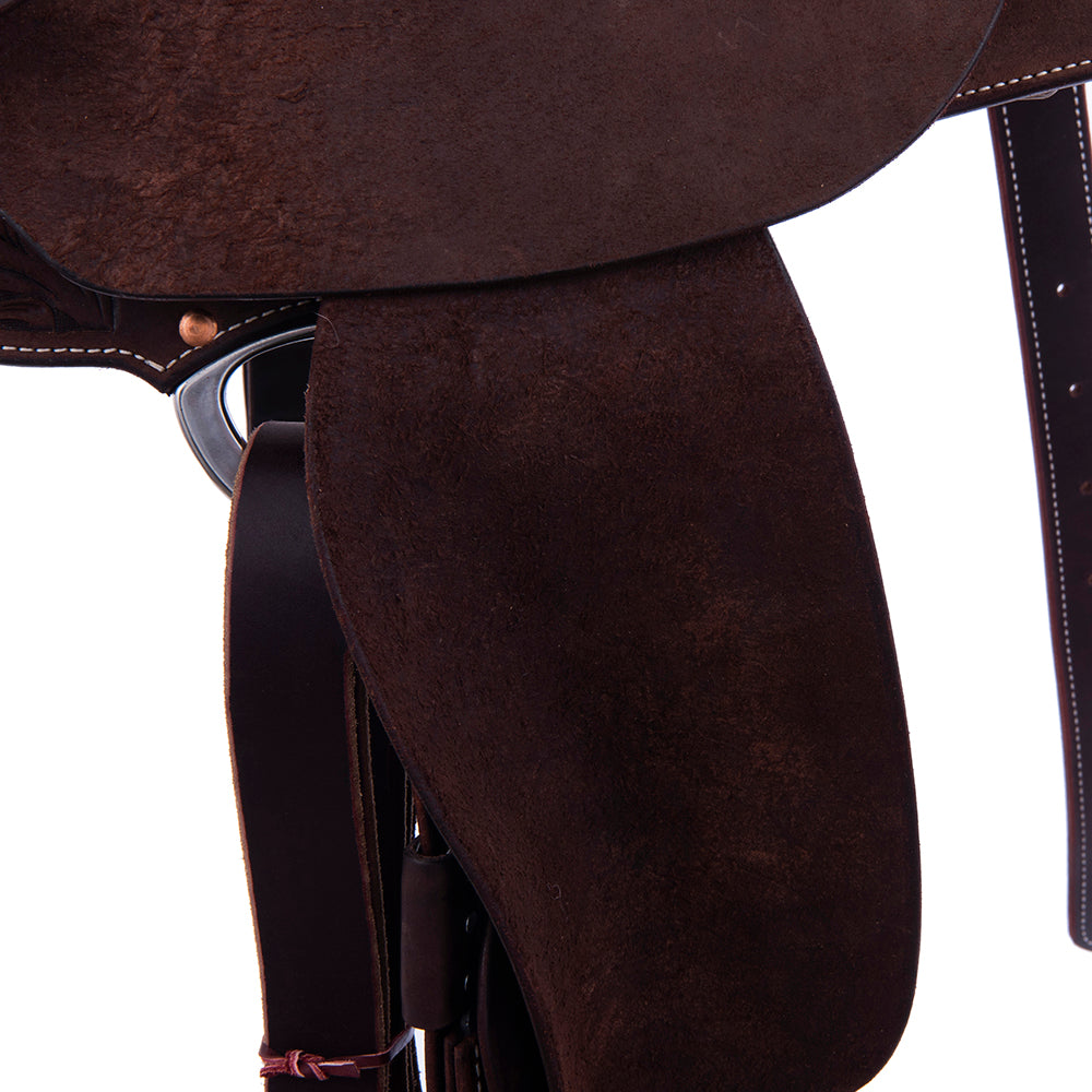 Barrel Saddle - Chocolate Leather, Roughout, Round Skirt, 1/2 Sunny D Tooling, Pencil Roll Cantle