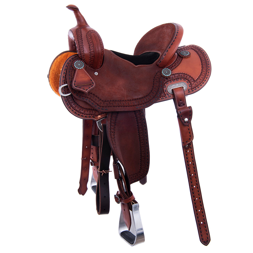 Barrel Saddle – Chestnut Smoothout/Roughout, Round Skirt, San Carlos Border, Black Suede Inlay