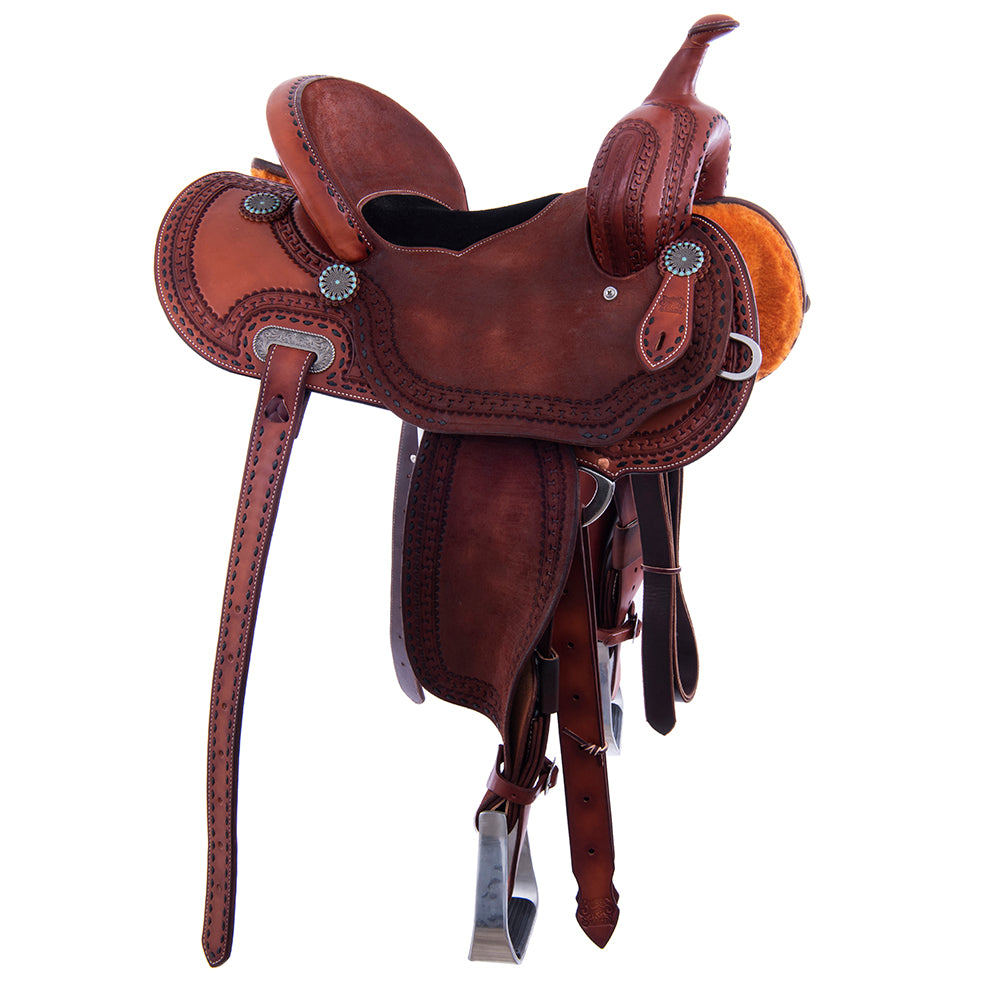 Barrel Saddle – Chestnut Smoothout/Roughout, Round Skirt, San Carlos Border, Black Suede Inlay