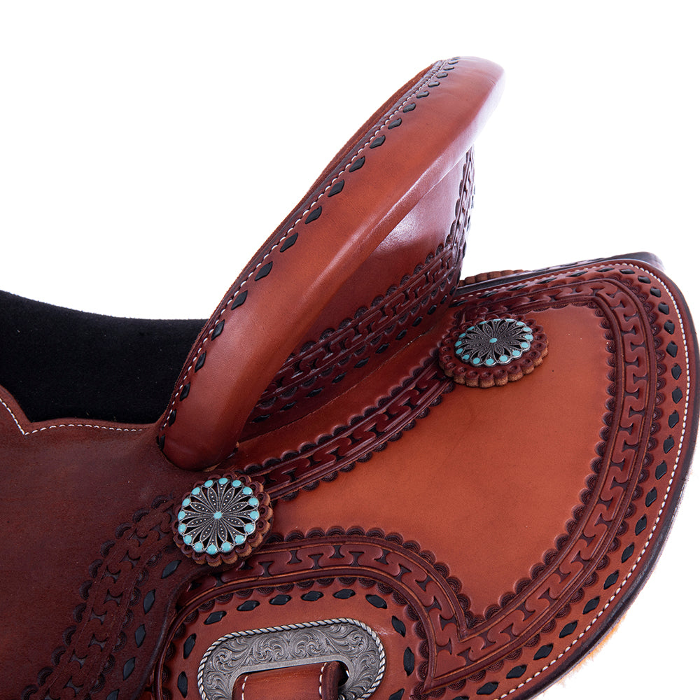 Barrel Saddle – Chestnut Smoothout/Roughout, Round Skirt, San Carlos Border, Black Suede Inlay
