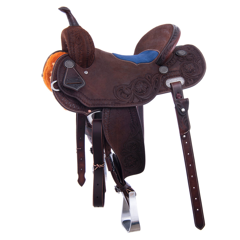 Chocolate Roughout Barrel Saddle- Round Deluxe Snake w/ D Daisy Cheyenne Navy Suede Inlay