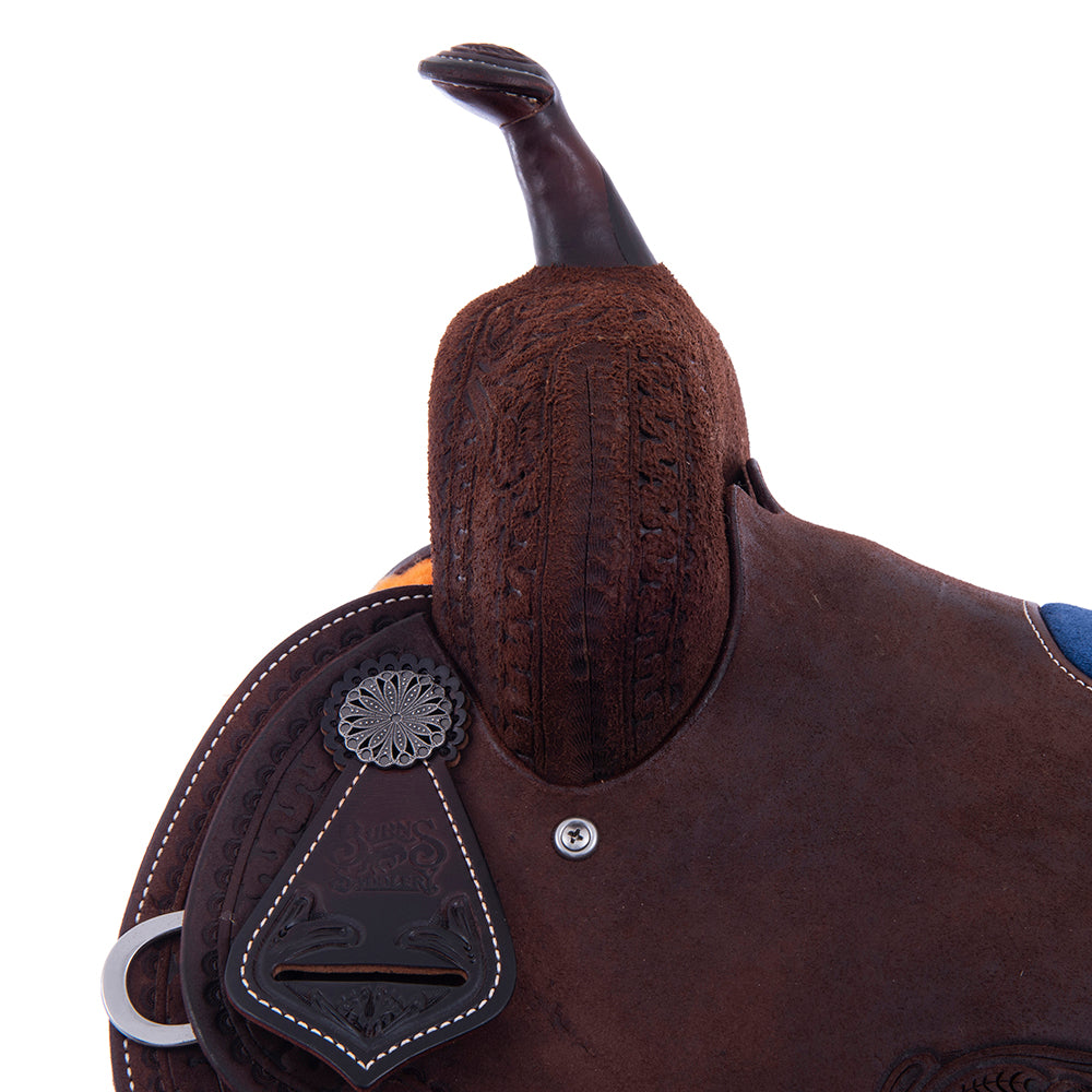 Chocolate Roughout Barrel Saddle- Round Deluxe Snake w/ D Daisy Cheyenne Navy Suede Inlay