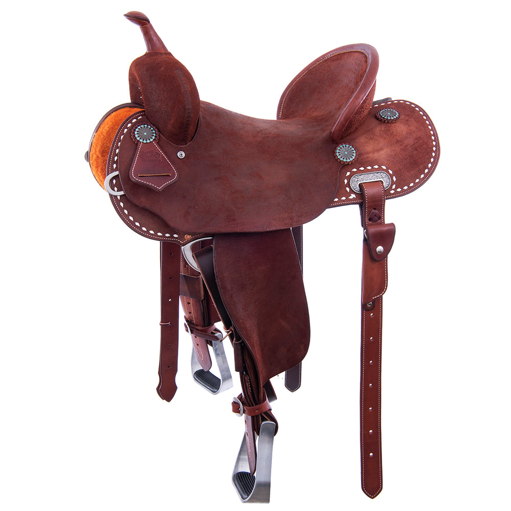 Chestnut Roughout Barrel Saddle- Round Skirts, Full White Buckstitch Skirt, Pencil Roll, Hard Seat