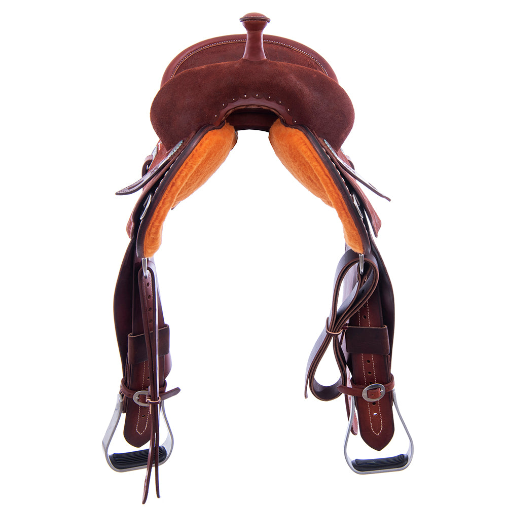 Chestnut Roughout Barrel Saddle- Round Skirts, Full White Buckstitch Skirt, Pencil Roll, Hard Seat