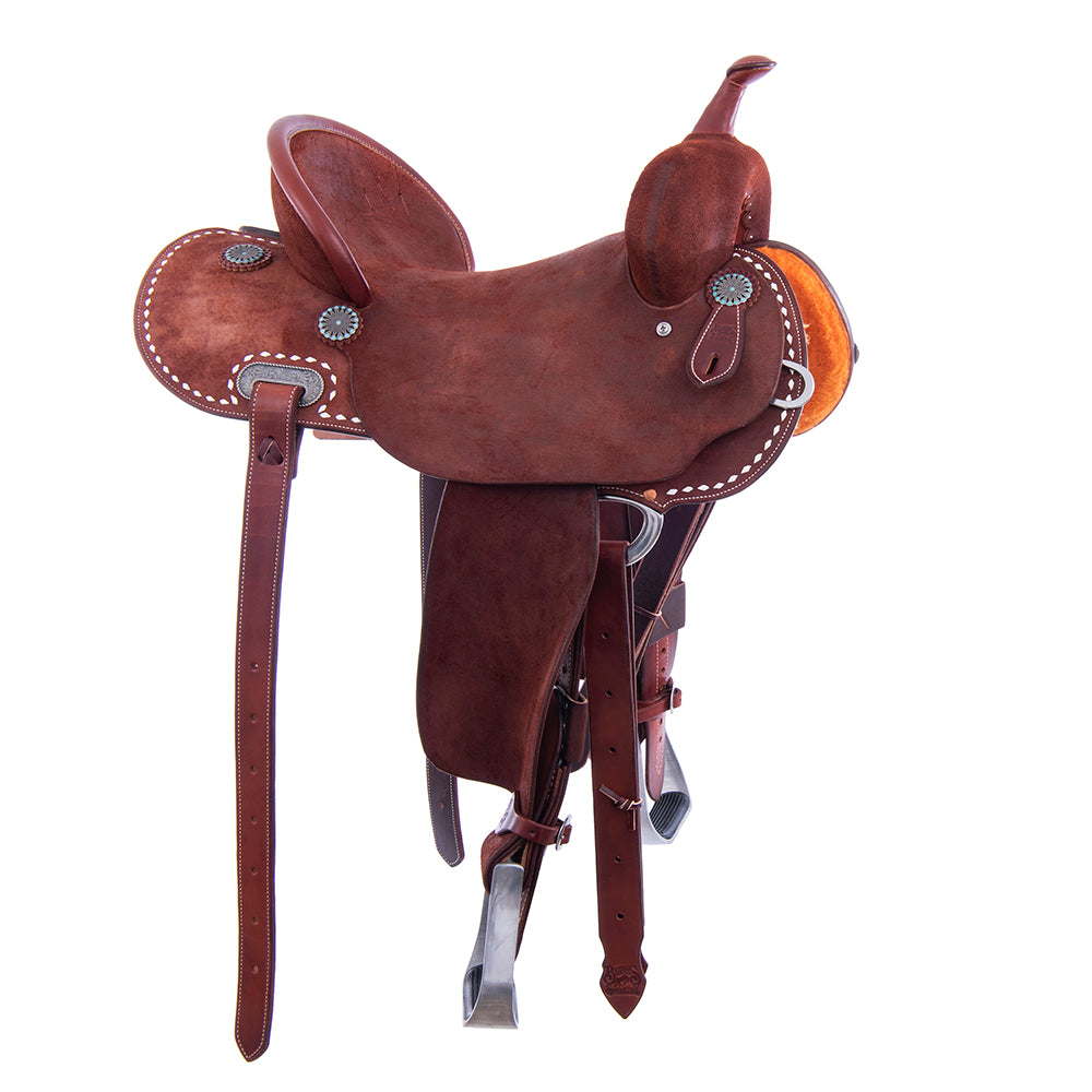 Chestnut Roughout Barrel Saddle- Round Skirts, Full White Buckstitch Skirt, Pencil Roll, Hard Seat