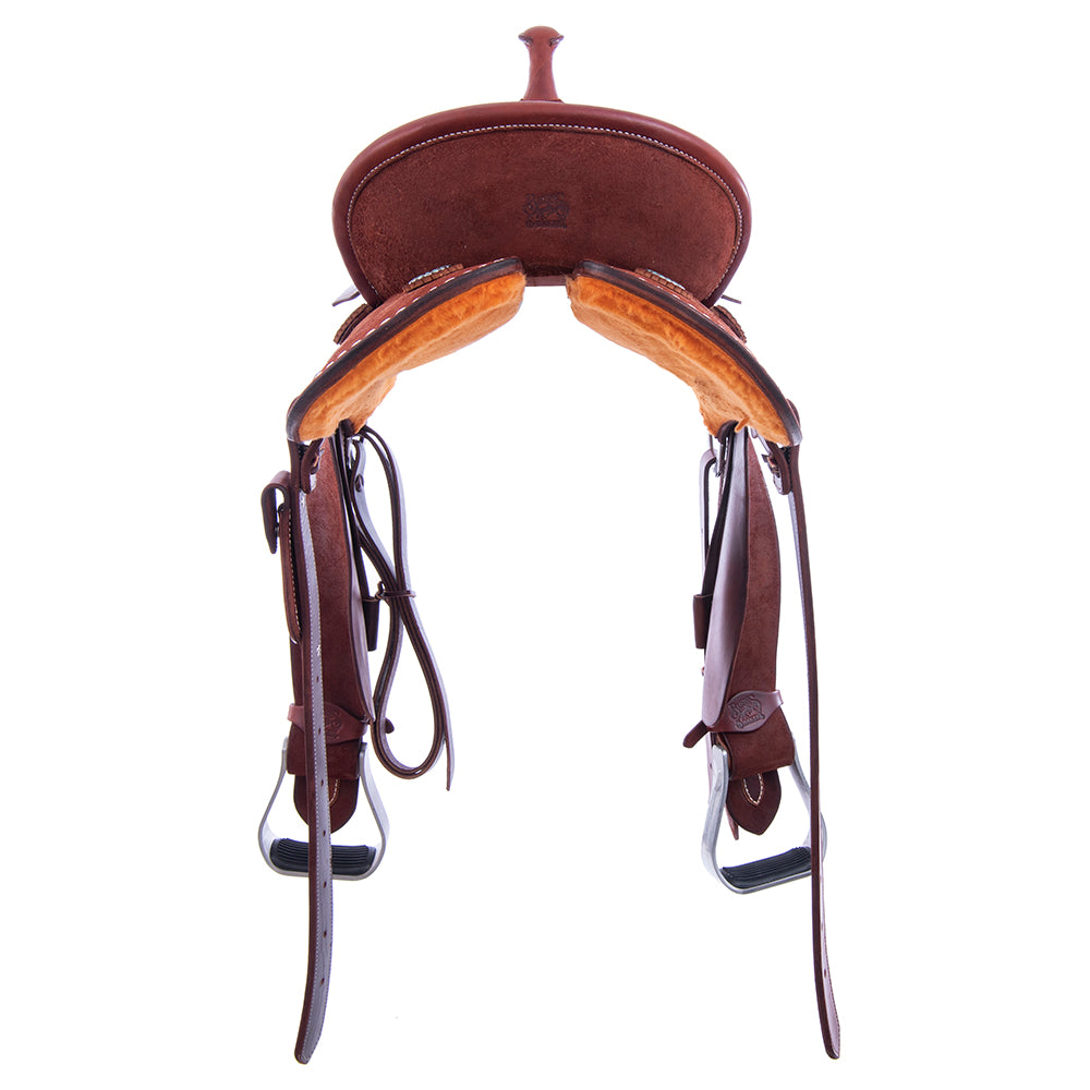 Chestnut Roughout Barrel Saddle- Round Skirts, Full White Buckstitch Skirt, Pencil Roll, Hard Seat