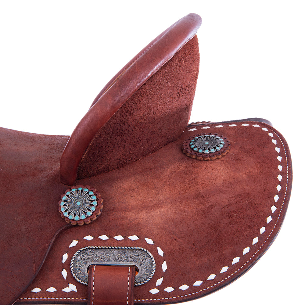 Chestnut Roughout Barrel Saddle- Round Skirts, Full White Buckstitch Skirt, Pencil Roll, Hard Seat