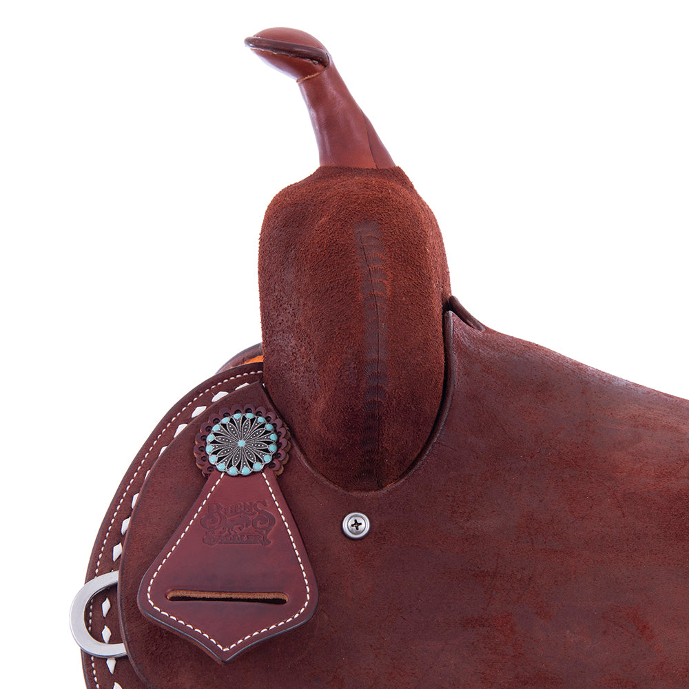 Chestnut Roughout Barrel Saddle- Round Skirts, Full White Buckstitch Skirt, Pencil Roll, Hard Seat