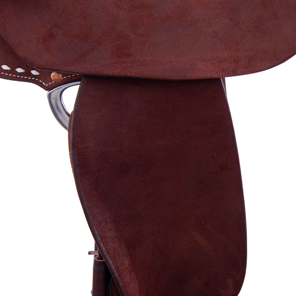 Chestnut Roughout Barrel Saddle- Round Skirts, Full White Buckstitch Skirt, Pencil Roll, Hard Seat