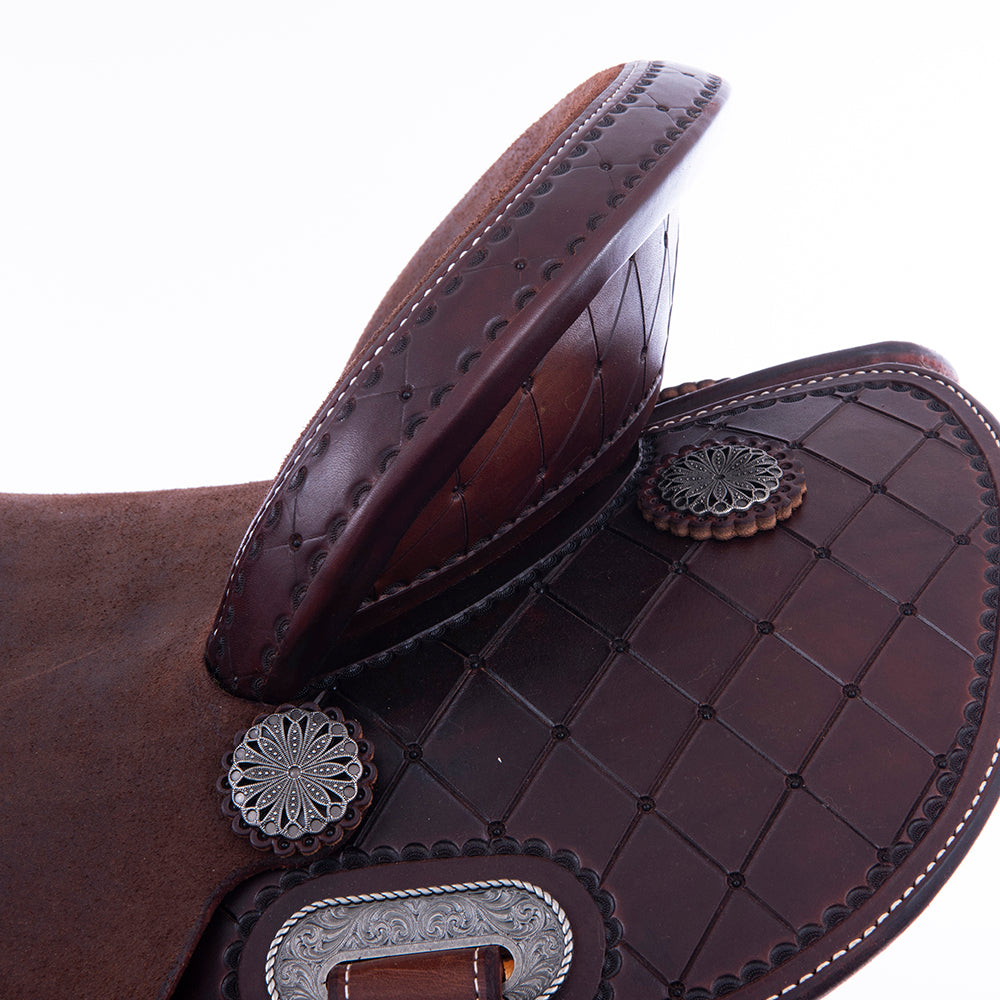Barrel Saddle – Chocolate Leather, Smooth/Roughout, Round Skirt, 1/2 Quilt Tooling