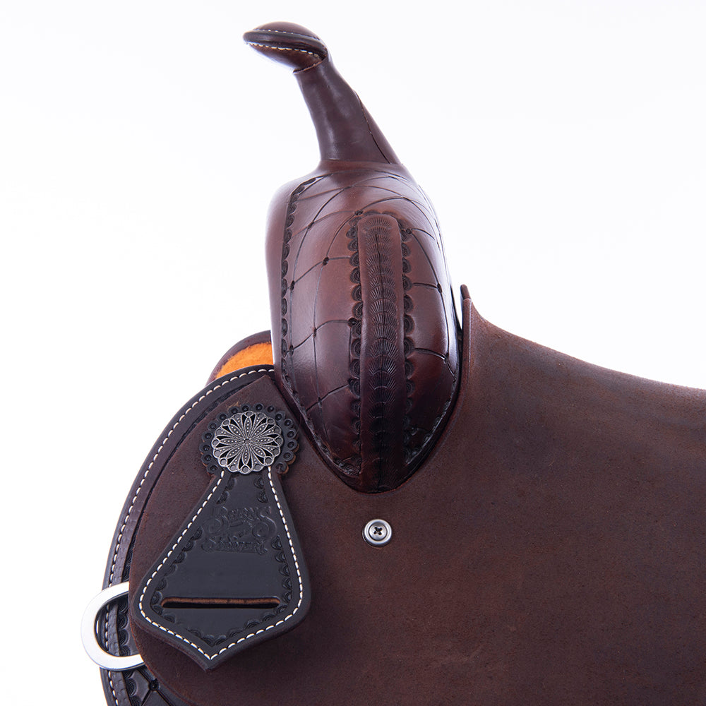 Barrel Saddle – Chocolate Leather, Smooth/Roughout, Round Skirt, 1/2 Quilt Tooling