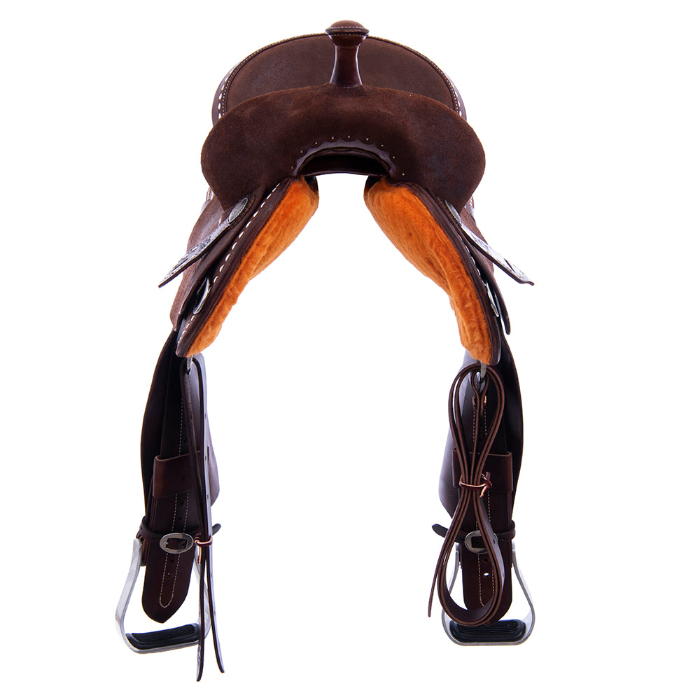 Chocolate Roughout Barrel Saddle- Notched Skirts, White Buckstitch Border, Cheyenne, Black Suede Inlay