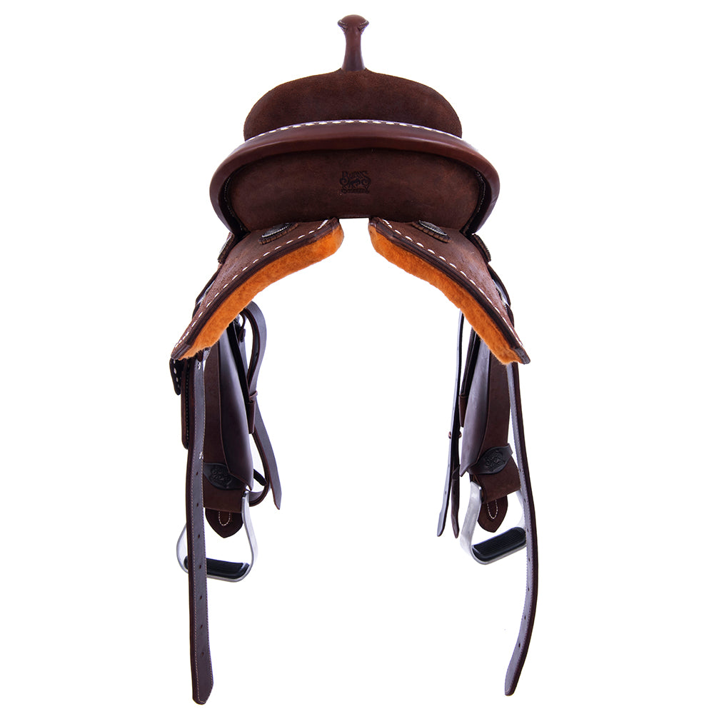 Chocolate Roughout Barrel Saddle- Notched Skirts, White Buckstitch Border, Cheyenne, Black Suede Inlay
