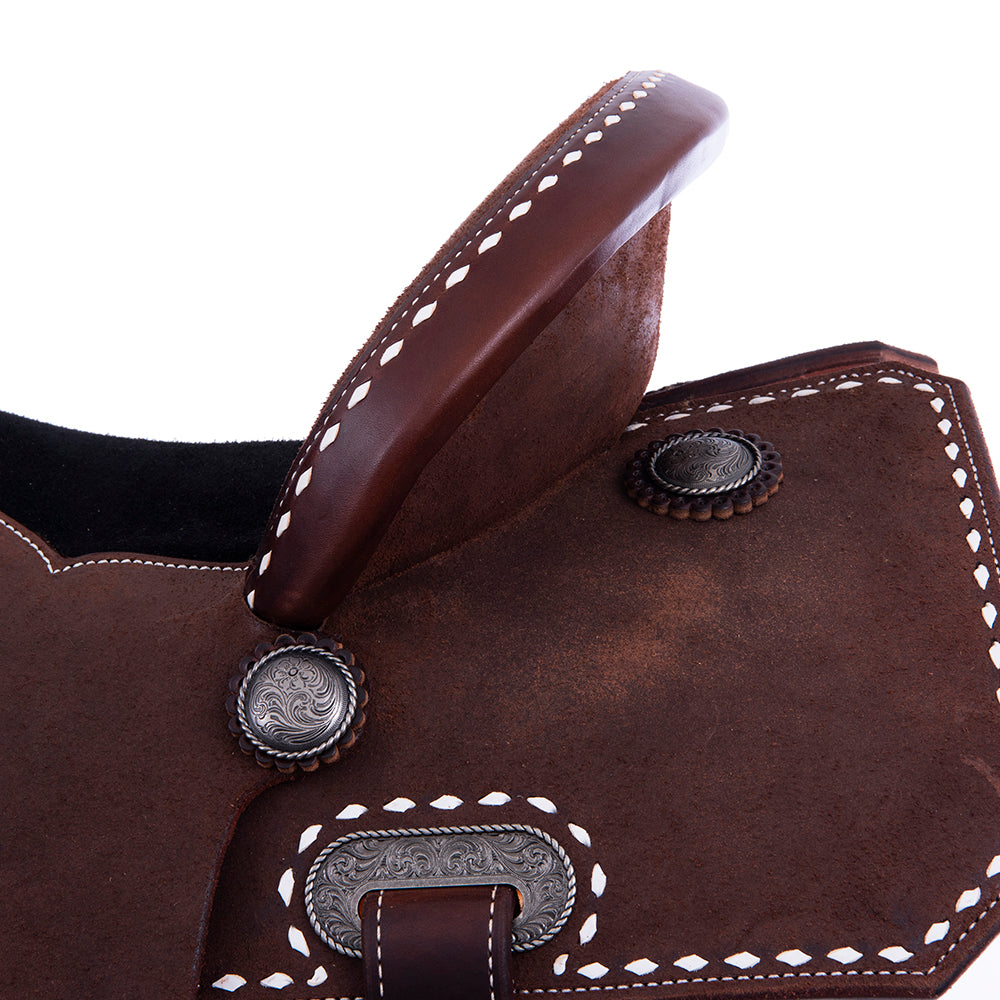 Chocolate Roughout Barrel Saddle- Notched Skirts, White Buckstitch Border, Cheyenne, Black Suede Inlay
