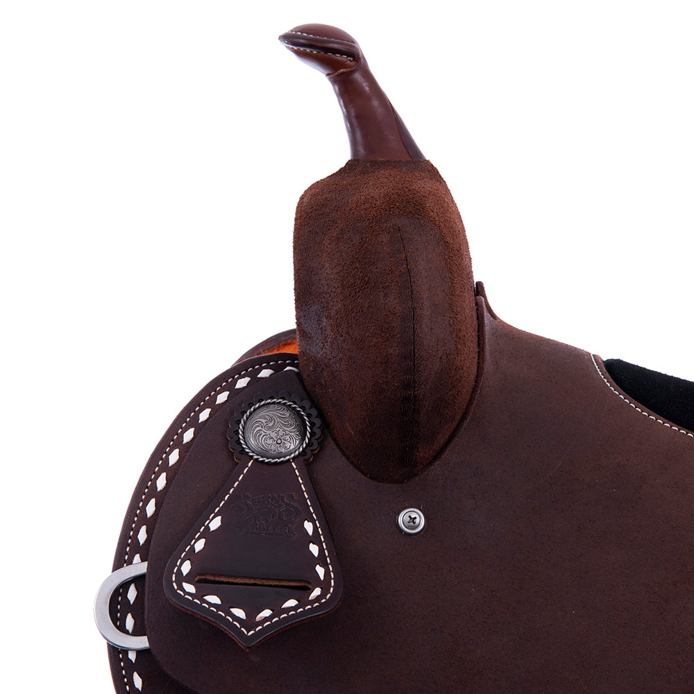 Chocolate Roughout Barrel Saddle- Notched Skirts, White Buckstitch Border, Cheyenne, Black Suede Inlay