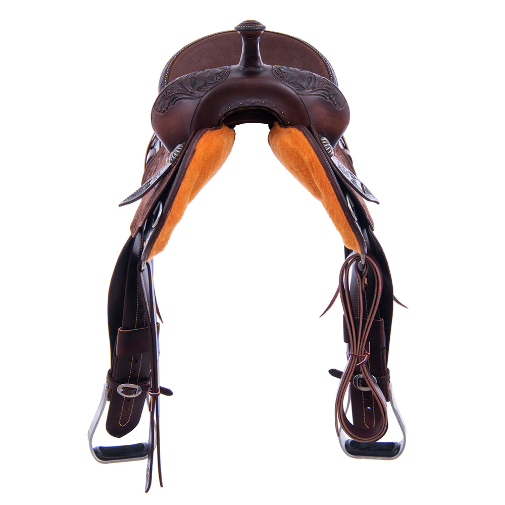 Chocolate 1/2 Smooth 1/2 Roughout Barrel Saddle-Round Skirts, D Daisy Floral Corner; Full Black Buckstitch, Black Bison Inlay