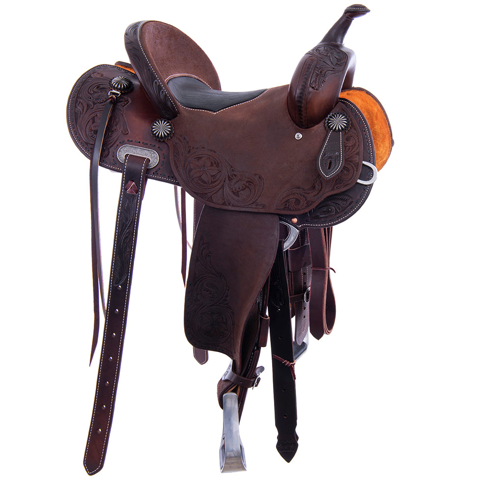 Chocolate 1/2 Smooth 1/2 Roughout Barrel Saddle-Round Skirts, D Daisy Floral Corner; Full Black Buckstitch, Black Bison Inlay