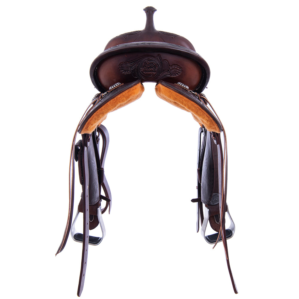 Chocolate 1/2 Smooth 1/2 Roughout Barrel Saddle-Round Skirts, D Daisy Floral Corner; Full Black Buckstitch, Black Bison Inlay