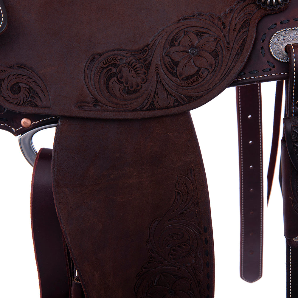 Chocolate 1/2 Smooth 1/2 Roughout Barrel Saddle-Round Skirts, D Daisy Floral Corner; Full Black Buckstitch, Black Bison Inlay