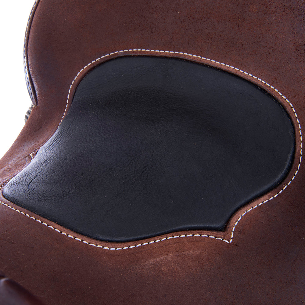 Chocolate 1/2 Smooth 1/2 Roughout Barrel Saddle-Round Skirts, D Daisy Floral Corner; Full Black Buckstitch, Black Bison Inlay