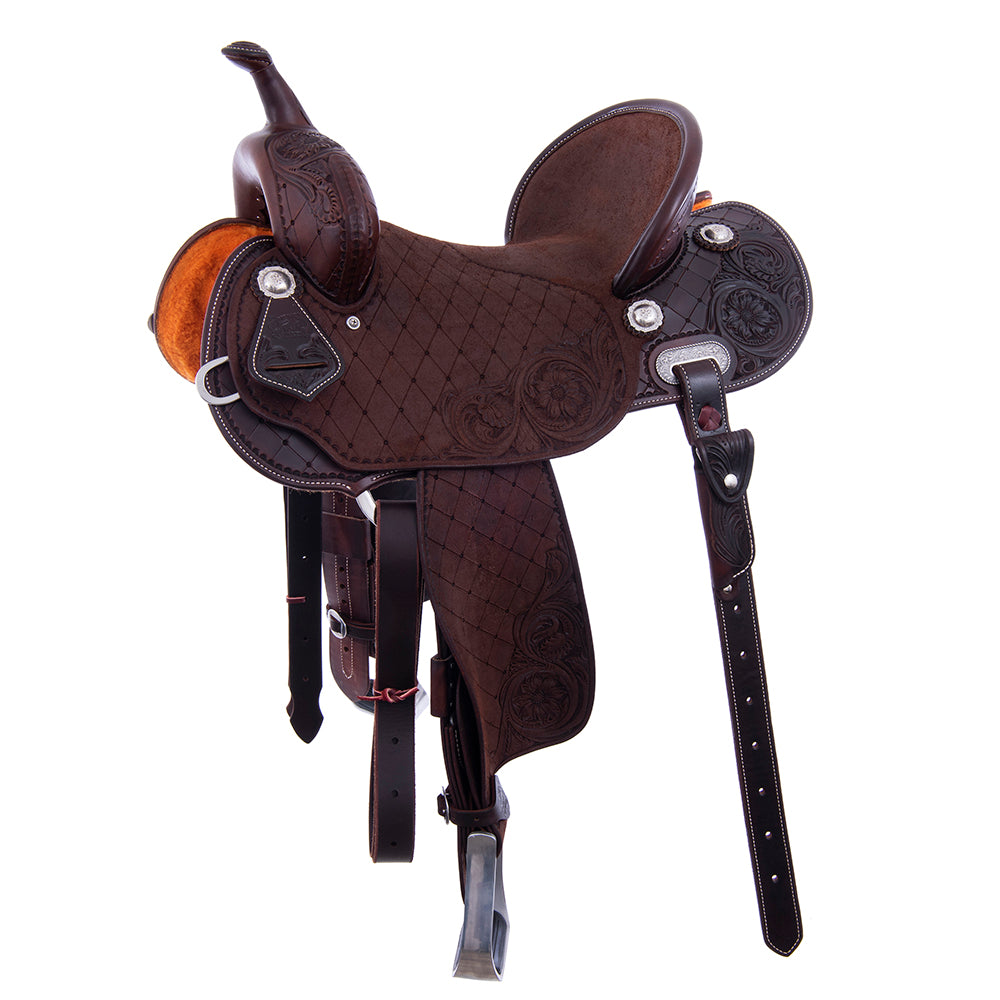 Chocolate 1/2 Smooth 1/2 Roughout Barrel Saddle- Round Skirts, Full Quilt and Sunny D, Pencil Roll, Hard Seat