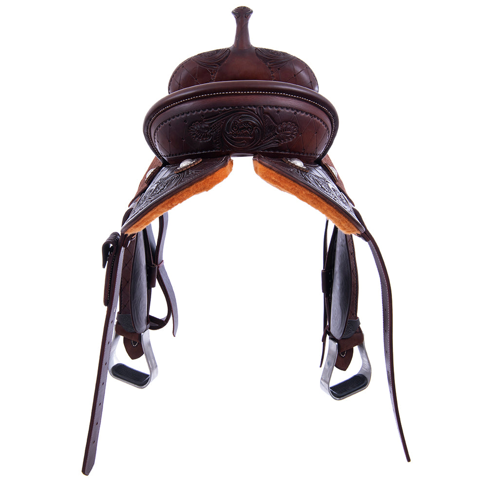 Chocolate 1/2 Smooth 1/2 Roughout Barrel Saddle- Round Skirts, Full Quilt and Sunny D, Pencil Roll, Hard Seat