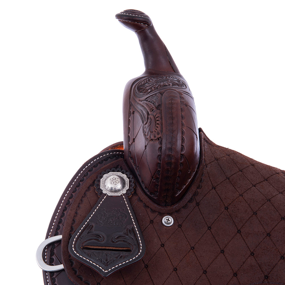 Chocolate 1/2 Smooth 1/2 Roughout Barrel Saddle- Round Skirts, Full Quilt and Sunny D, Pencil Roll, Hard Seat
