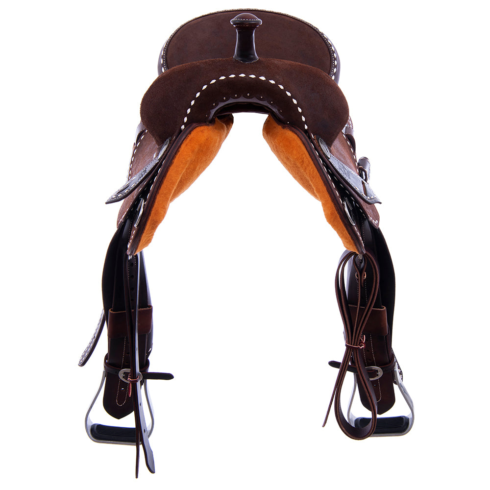 CHOCOLATE ROUGHOUT BARREL SADDLE- ROUND SKIRTS, FULL WHITE BUCKSTITCH, CHEYENNE