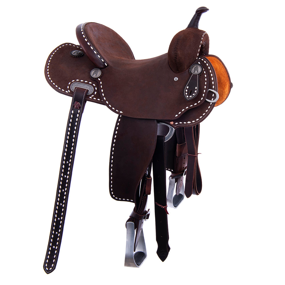 CHOCOLATE ROUGHOUT BARREL SADDLE- ROUND SKIRTS, FULL WHITE BUCKSTITCH, CHEYENNE