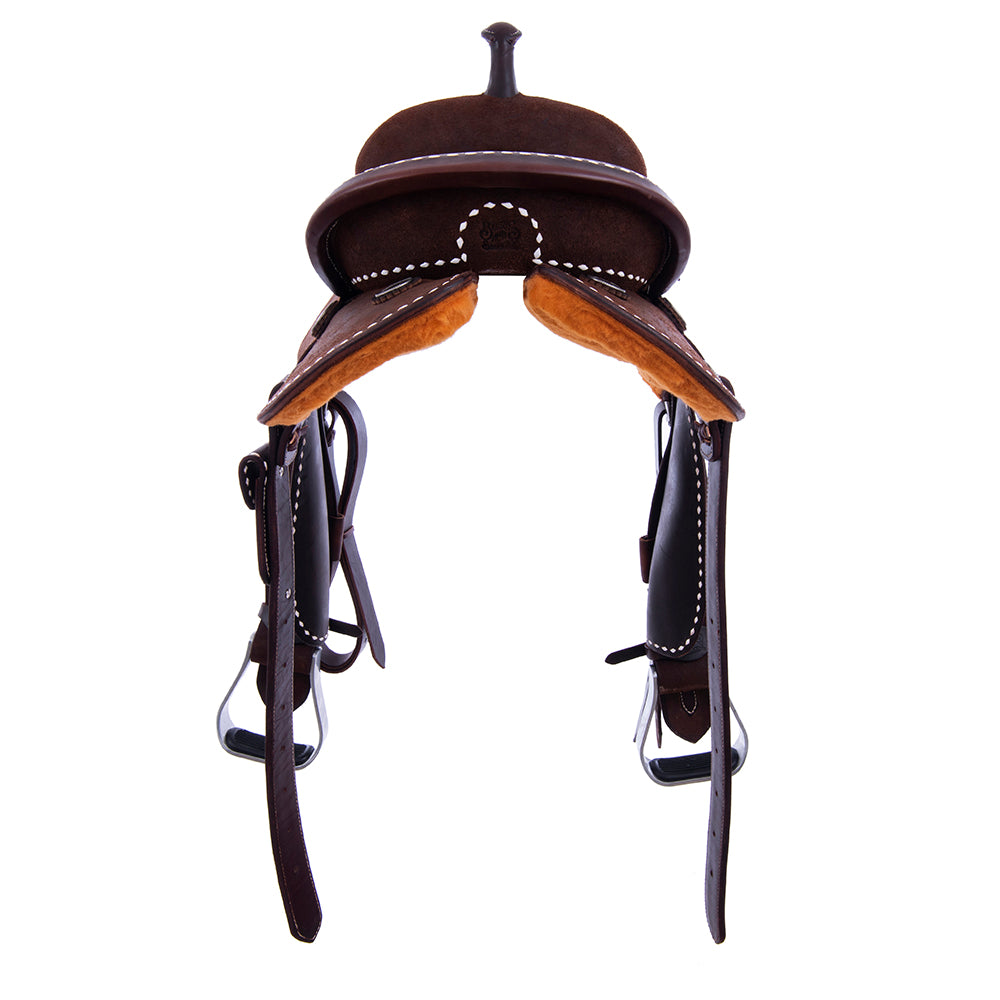 CHOCOLATE ROUGHOUT BARREL SADDLE- ROUND SKIRTS, FULL WHITE BUCKSTITCH, CHEYENNE