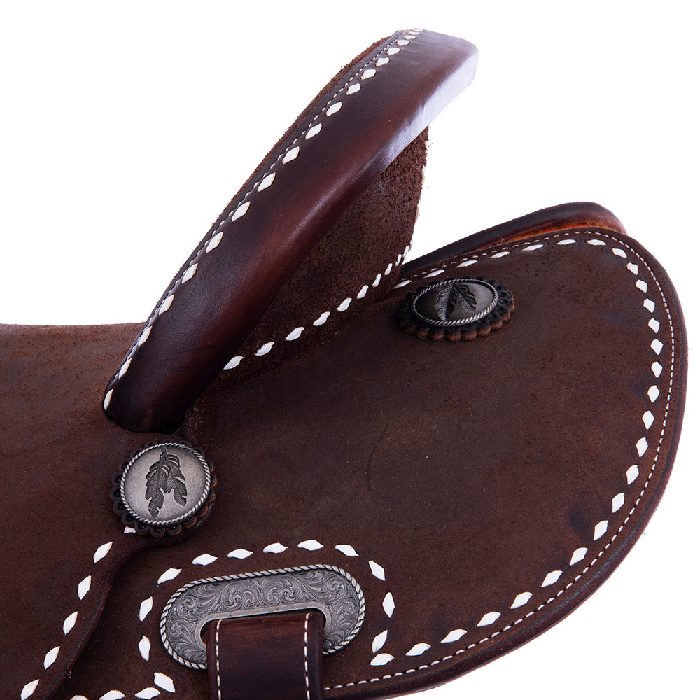 CHOCOLATE ROUGHOUT BARREL SADDLE- ROUND SKIRTS, FULL WHITE BUCKSTITCH, CHEYENNE