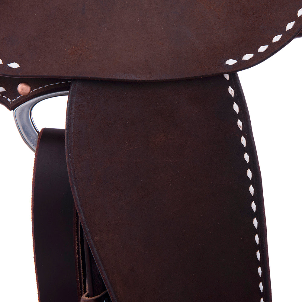 CHOCOLATE ROUGHOUT BARREL SADDLE- ROUND SKIRTS, FULL WHITE BUCKSTITCH, CHEYENNE