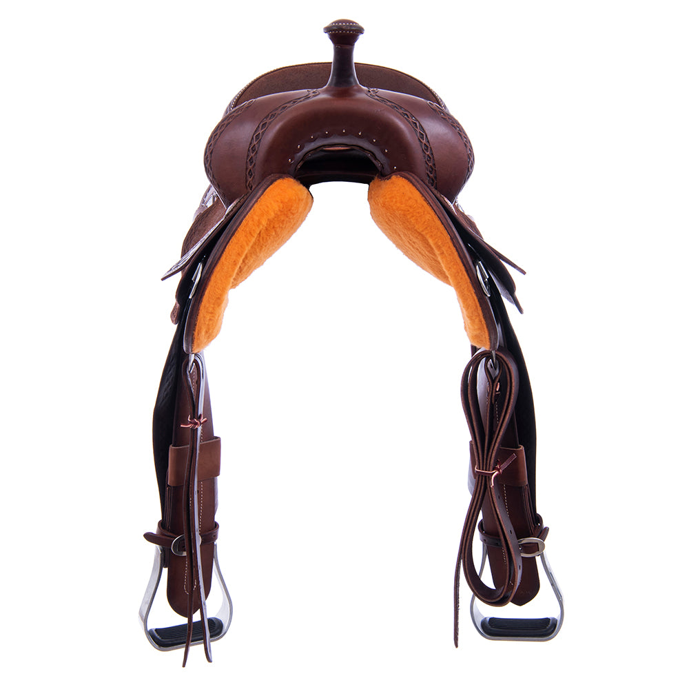Chocolate 1/2 Smooth 1/2 Roughout Barrel Saddle- Round Skirts, Diamond Half Diamond Border, Cheyenne, Brandy Ostrich Inlay