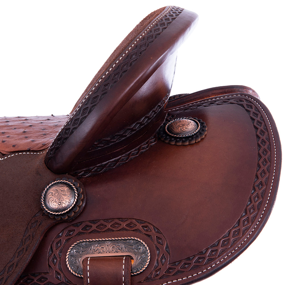 Chocolate 1/2 Smooth 1/2 Roughout Barrel Saddle- Round Skirts, Diamond Half Diamond Border, Cheyenne, Brandy Ostrich Inlay