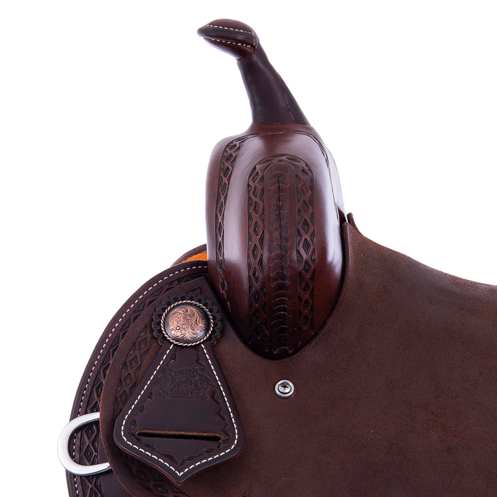 Chocolate 1/2 Smooth 1/2 Roughout Barrel Saddle- Round Skirts, Diamond Half Diamond Border, Cheyenne, Brandy Ostrich Inlay