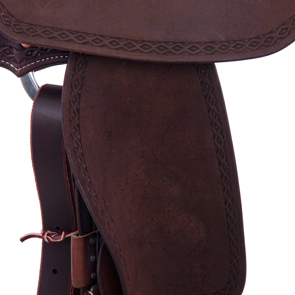 Chocolate 1/2 Smooth 1/2 Roughout Barrel Saddle- Round Skirts, Diamond Half Diamond Border, Cheyenne, Brandy Ostrich Inlay