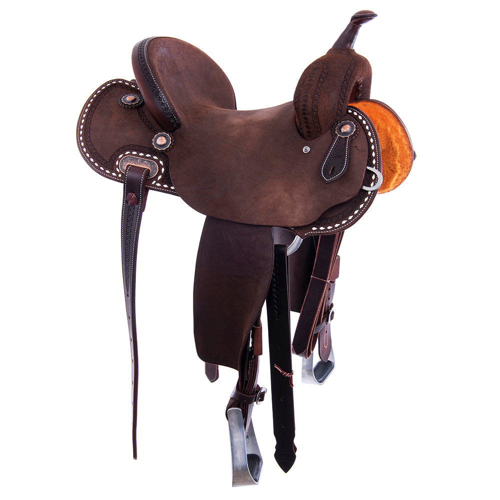 Chocolate Roughout Barrel Saddle- Round Skirts, 1/2 Celtic Border, White Buckstitch Skirt, Cheyenne